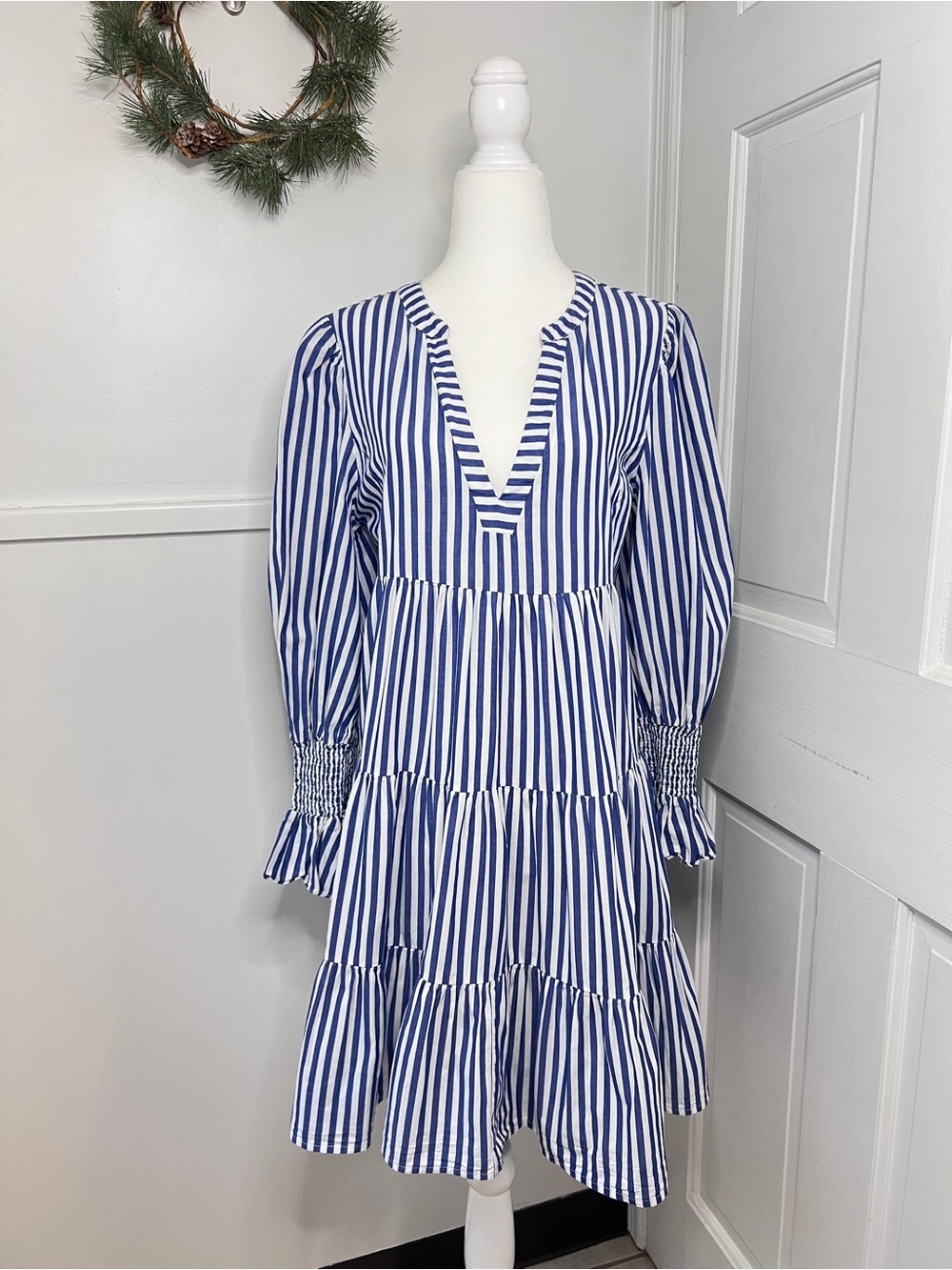 Pomander Place Kenzo Blue and White Stripe Cotton Poplin Tiered Mini Dress